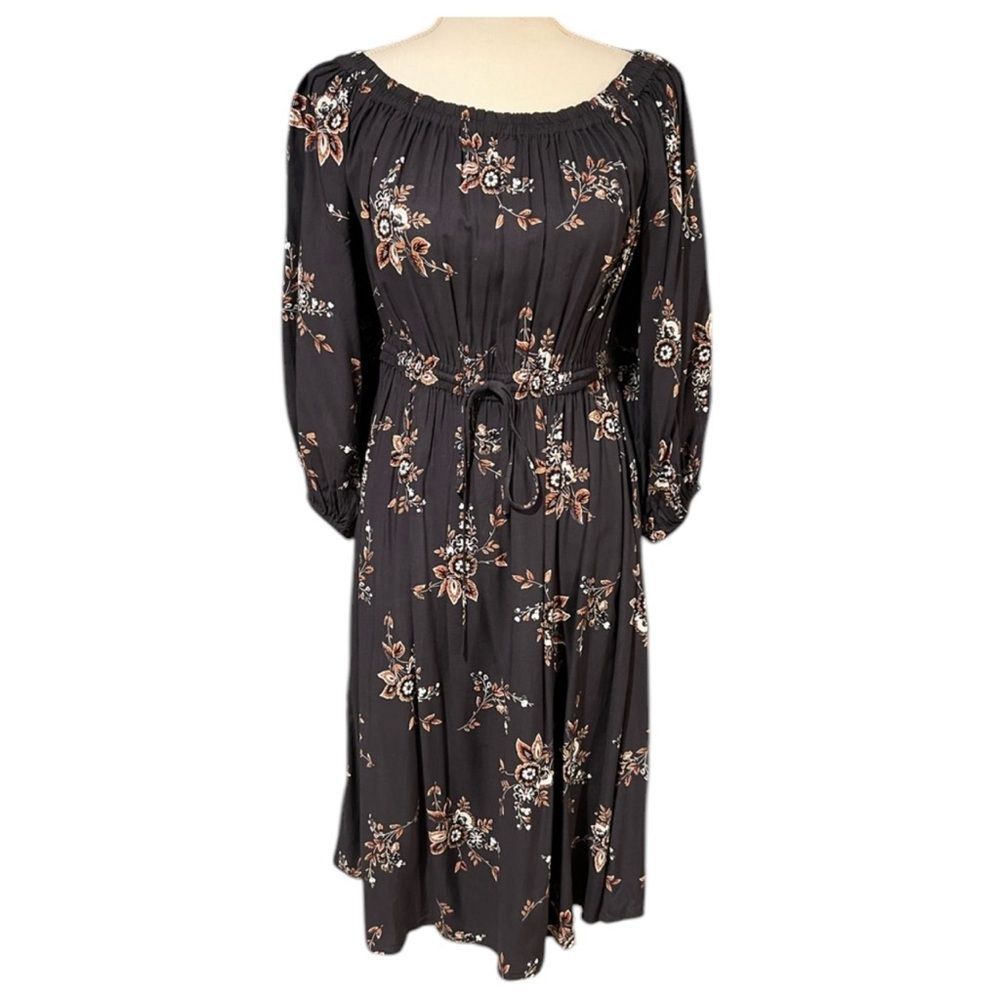 LOFT Marigold Midi Dress Size SMALL Grey Floral Peasant Cottagecore Farmhouse